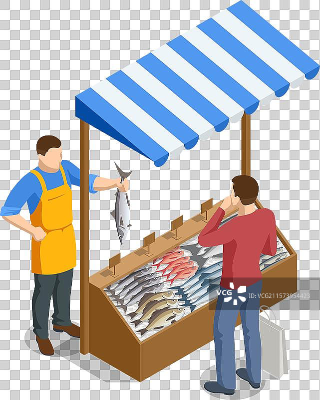 等距海鲜市场新鲜鱼类销售员图片素材