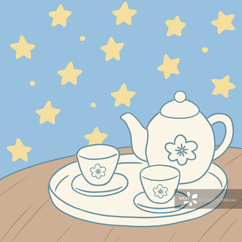 手绘茶具与星星背景图案图片素材