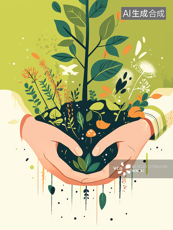 【AI数字艺术】双手守护绿色植物卡通插画图片素材