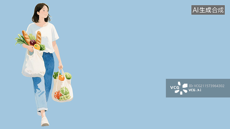 【AI数字艺术】2D卡通居左背景趣味扁平，购物节日促销活动女生早市场市集采购手提袋子蔬菜水果面包满载而归阳光影水彩画图片素材