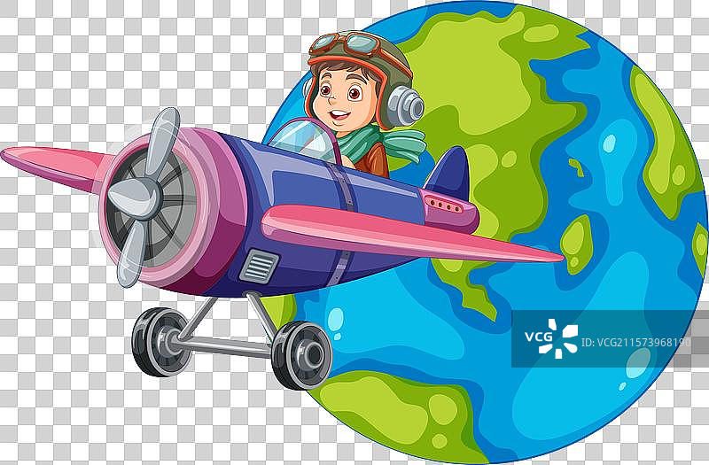 一名飞行员驾驶飞机环绕地球飞行图片素材