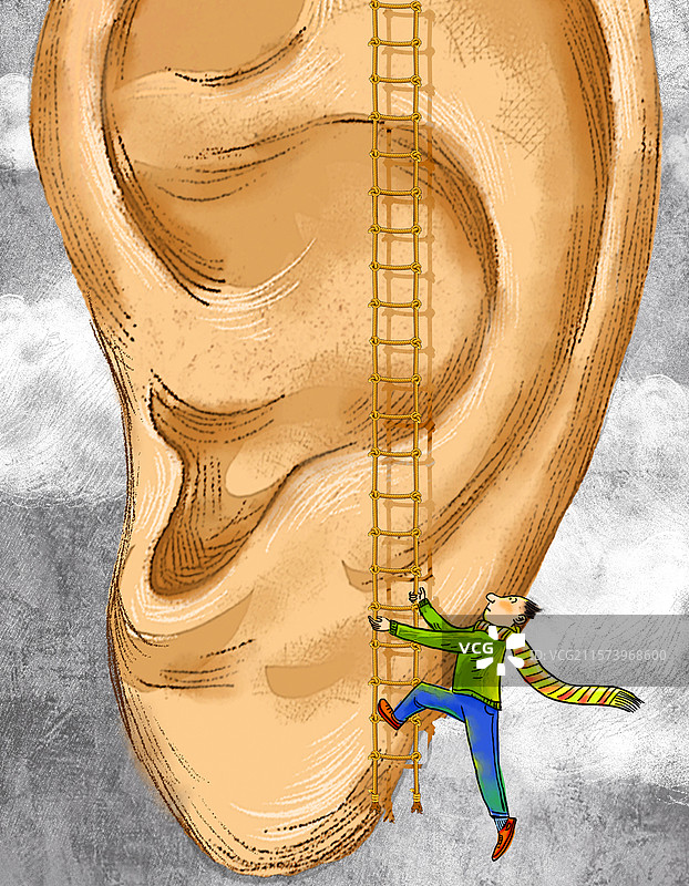 巨大的耳朵上一个爬梯子的小人，好消息的传播图片素材