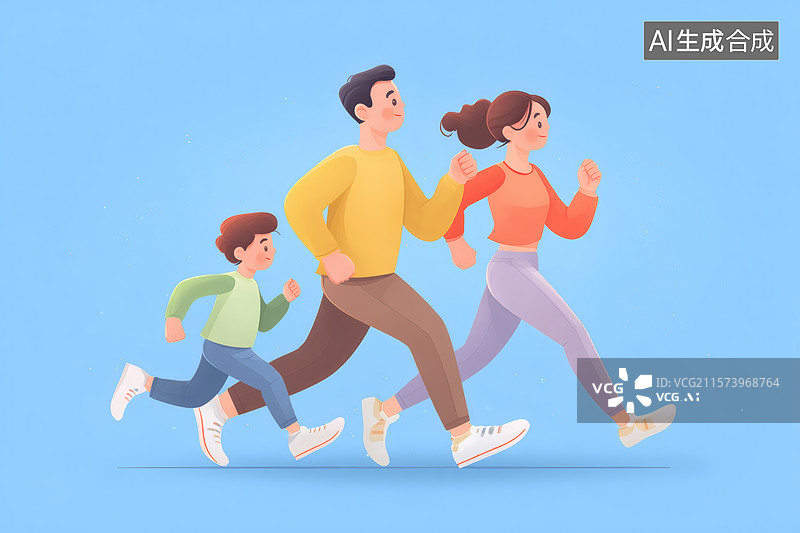 【AI数字艺术】一家三口在跑步插画图片素材