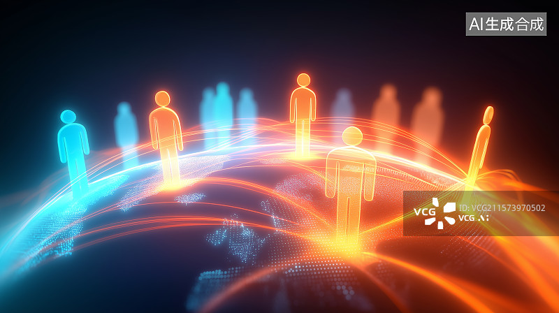 【AI数字艺术】全球化主题背景——地球与抽象发光小人，互联网将全球都联系在一起，象征全球人民大团结图片素材