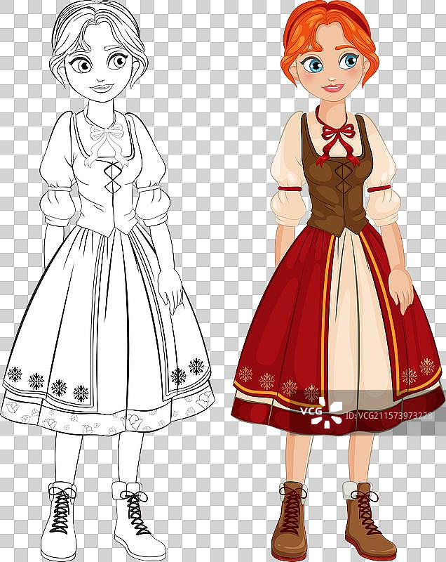 女孩角色的彩色线条艺术图片素材