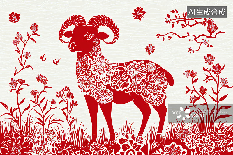 【AI数字艺术】剪纸风格，红色的带角的山羊图片素材