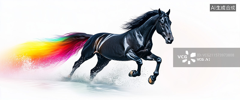 【AI数字艺术】彩虹尾鬃的奔腾黑马图片素材