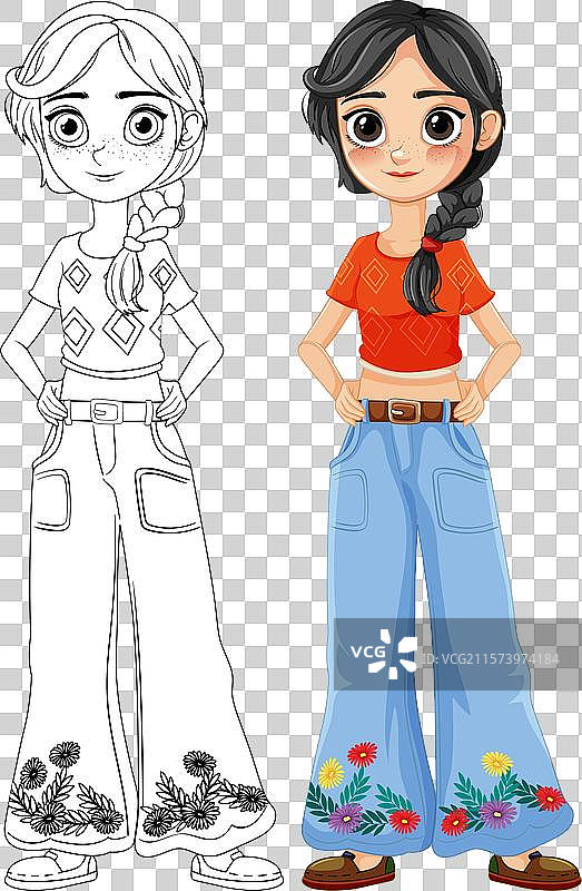 编辫子的女孩穿着花卉牛仔裤图片素材