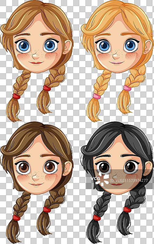 四个不同发色和辫子的女孩图片素材
