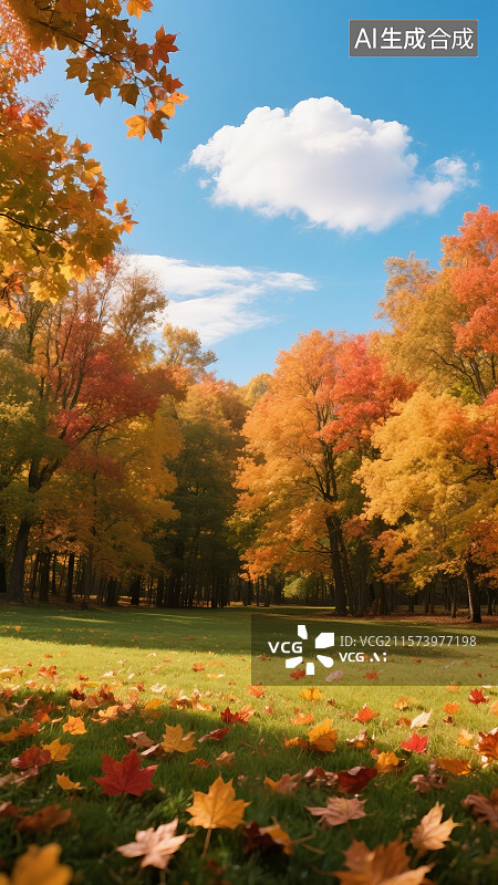 【AI数字艺术】秋天枫叶森林树木飘落立秋秋分节气自然场景插画图片素材