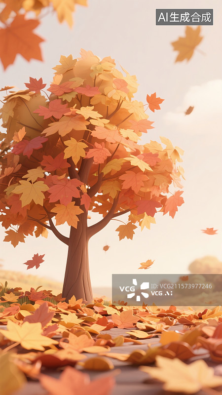 【AI数字艺术】秋天枫叶森林树木飘落立秋秋分节气自然场景插画图片素材