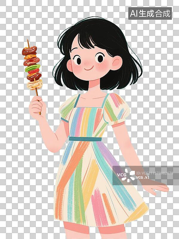 【AI数字艺术】绘本风格的时尚女孩手持烤肉串插画图片素材