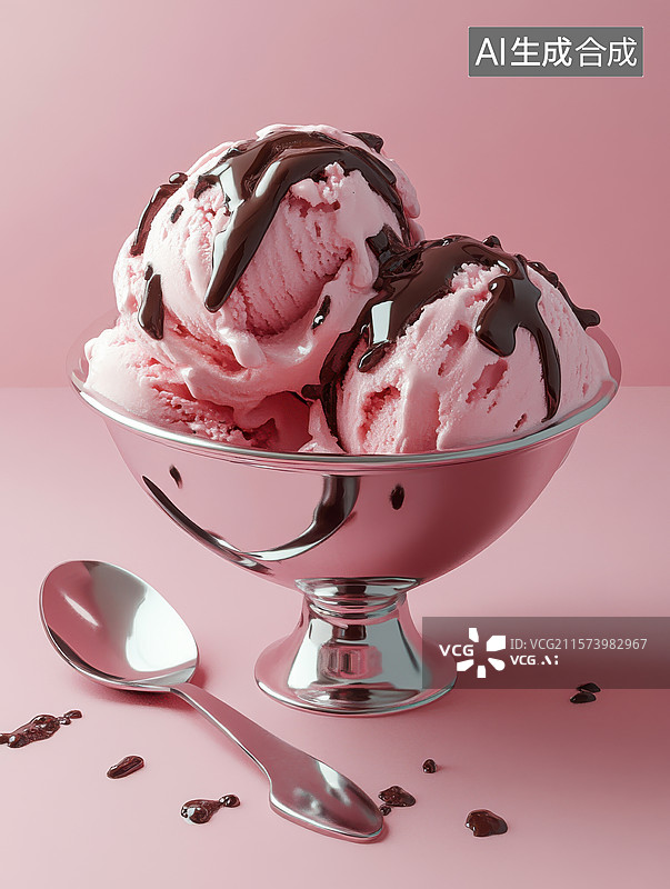 【AI数字艺术】粉色背景下的草莓冰淇淋球图片素材