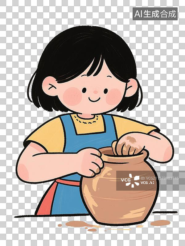 【AI数字艺术】绘本风格正在做陶罐的女孩插画图片素材