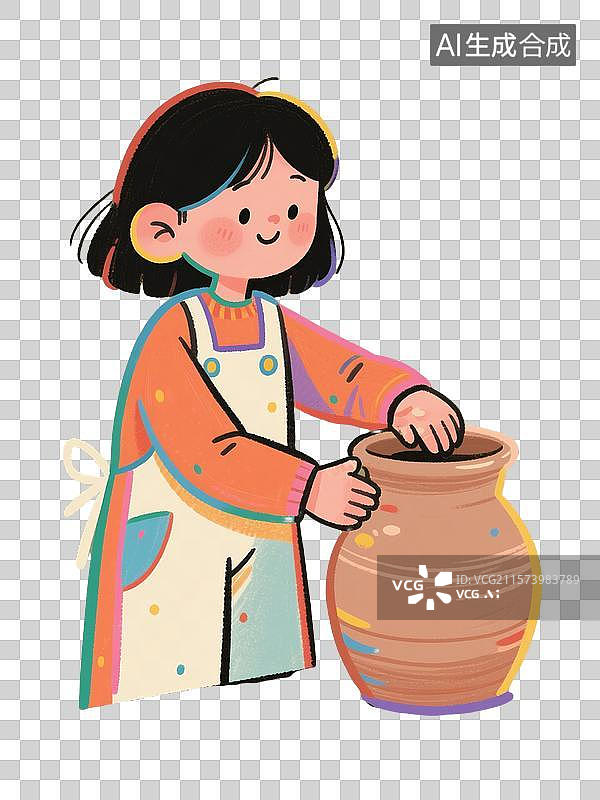 【AI数字艺术】绘本风格正在做陶罐的女孩插画图片素材