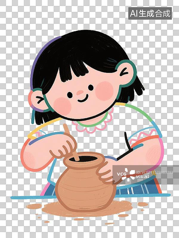 【AI数字艺术】绘本风格正在做陶罐的女孩插画图片素材