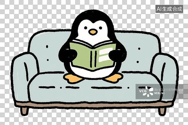 【AI数字艺术】绘本风格企鹅沙发看书插画图片素材
