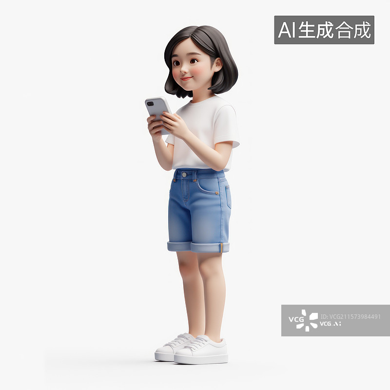 【AI数字艺术】卡通女孩的快乐社交，玩手机的女孩图片素材