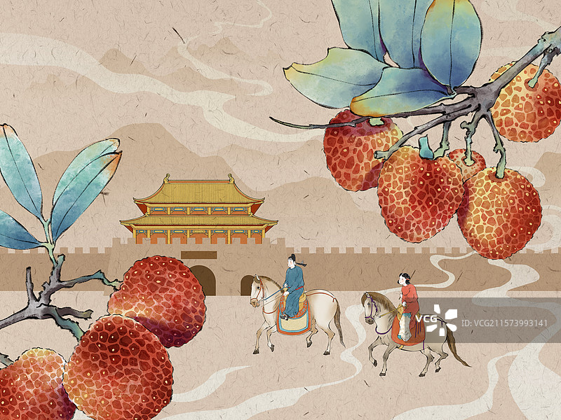 长安荔枝，城墙、骑马的古人，手绘国风插画。图片素材