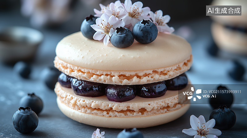 【AI数字艺术】蓝莓花装饰的法式马卡龙图片素材