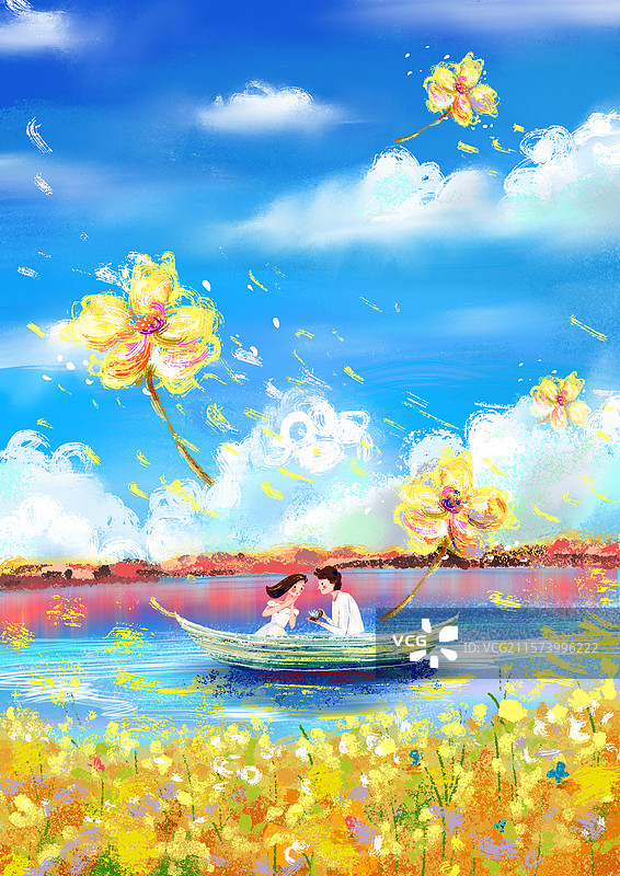 湖面泛舟情侣求婚插画图片素材