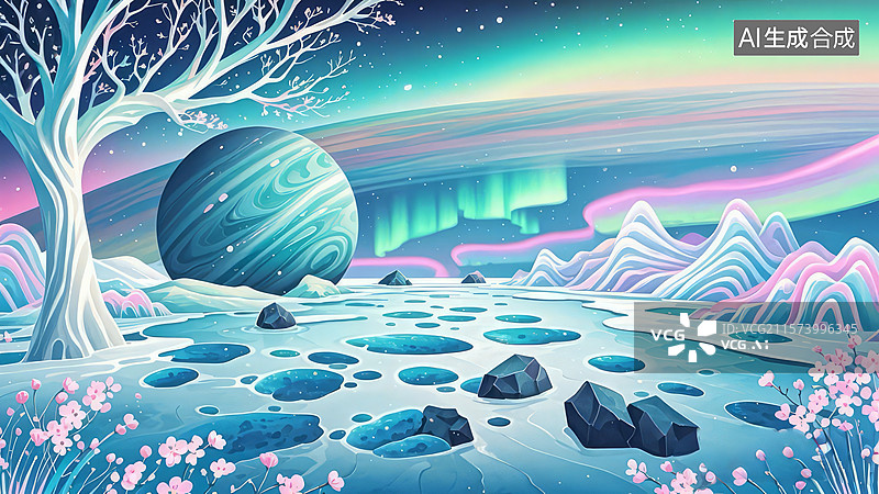 【AI数字艺术】梦幻星球下的极光森林图片素材
