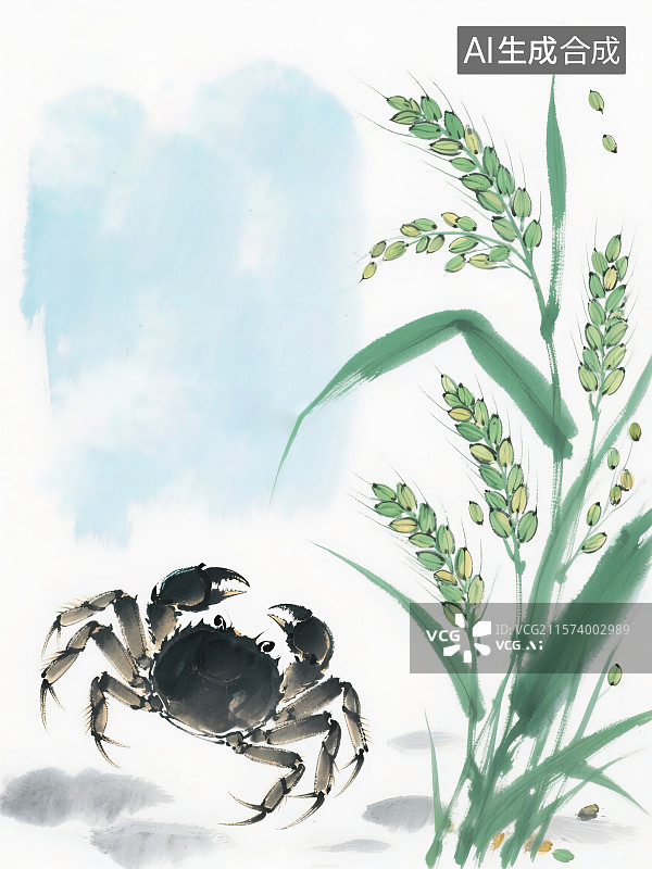 【AI数字艺术】稻田蟹趣水墨意境图片素材