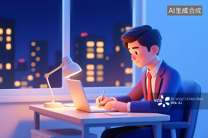 【AI数字艺术】3D三维立体C4D夜晚一个男人男性青年人坐在办公室内用电脑工作加班商务商业金融图片素材