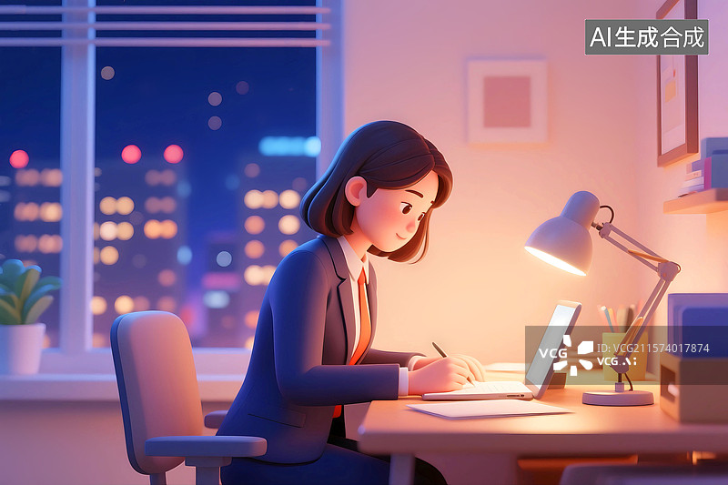 【AI数字艺术】3D三维立体C4D夜晚一个女人女性青年人坐在办公室内用电脑工作加班商务商业金融图片素材