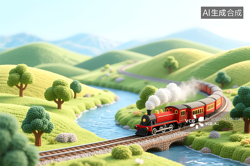 【AI数字艺术】3D立体三维C4D春天夏天蒸汽火车铁路铁轨田野乡村河流高山草地田园风光生态旅游风景图片素材