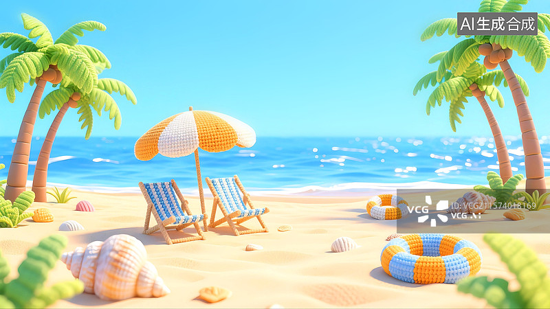 【AI数字艺术】3D立体三维C4D夏天夏至海滩沙椰树滩遮阳伞沙滩躺椅游泳圈海岸线旅游度假风光风景图片素材
