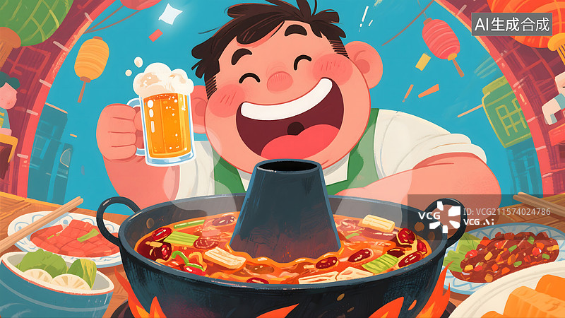 【AI数字艺术】火锅啤酒夜宵插画图片素材