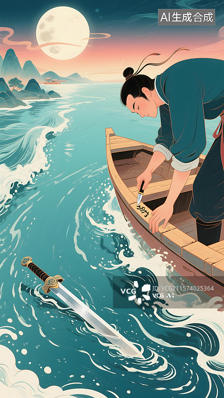 【AI数字艺术】刻舟求剑寓言故事插画图片素材