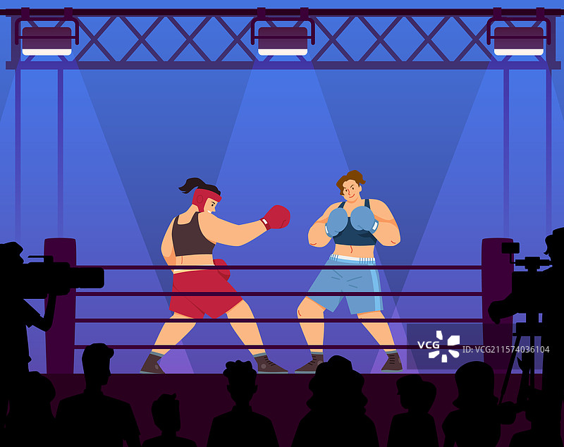 穿着蓝色和红色运动服的女性拳击手正在进行拳击比赛图片素材