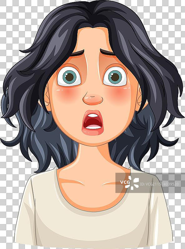 一位惊讶的女性，眼睛睁得大大的，嘴巴张开。图片素材