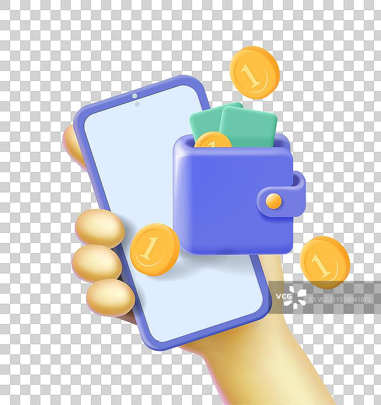 3D卡通手握手机进行移动支付图片素材