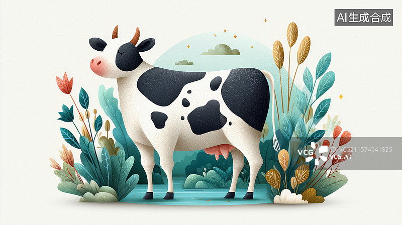 【AI数字艺术】牛站在花田里图片素材