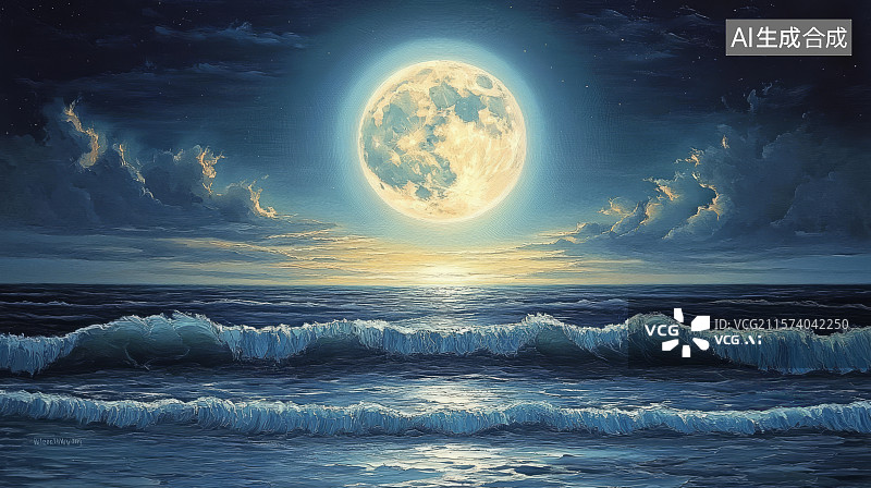 【AI数字艺术】中秋节题材插画月光下的大海图片素材