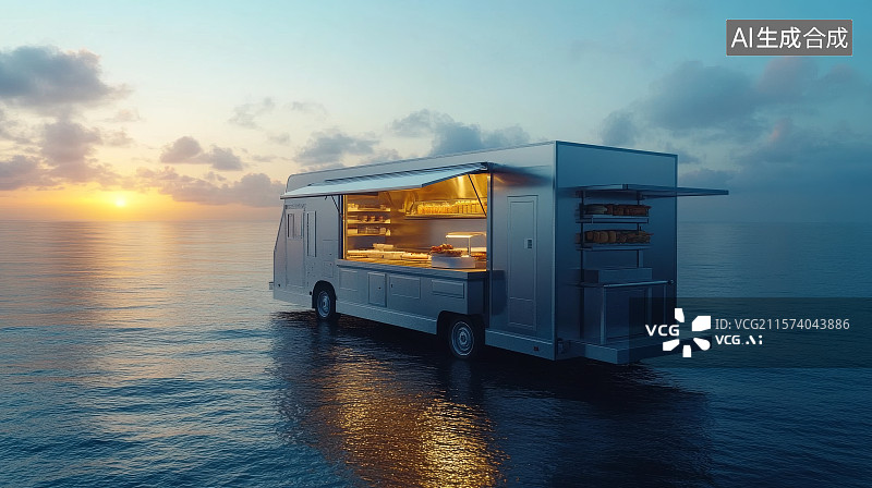 【AI数字艺术】海上日落时的现代餐车图片素材