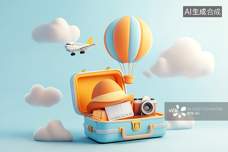 【AI数字艺术】3D卡通风格旅行箱热气球旅行概念插画图片素材