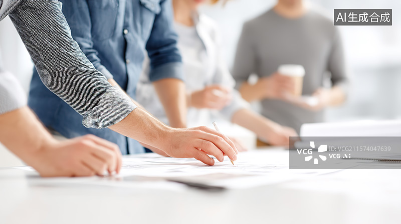 【AI数字艺术】明亮的办公室内团队讨论合作场景特写图片素材