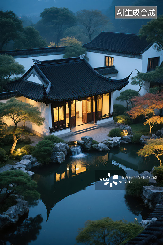 【AI数字艺术】雾夜幽庭：中式园林的灯影水韵图片素材
