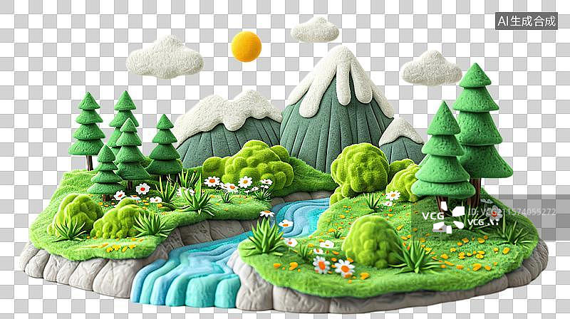 【AI数字艺术】微距毛毡黏土3D风格山水景观插画背景 迷你世界的自然奇观图片素材