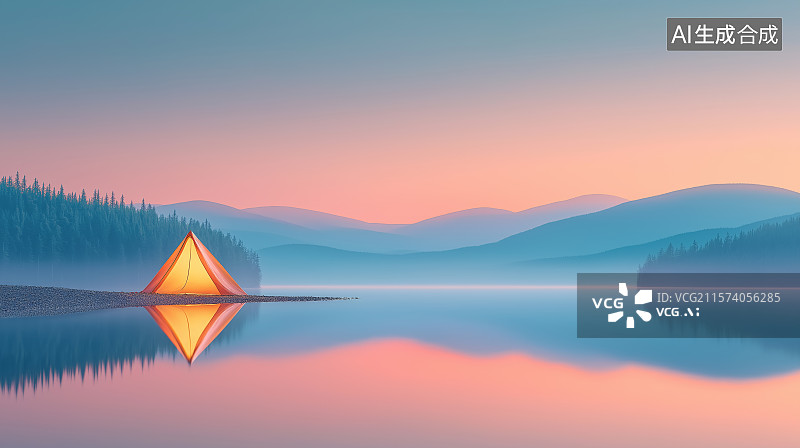 【AI数字艺术】户外露营主题海报——高山森林湖泊边上的露营帐篷图片素材
