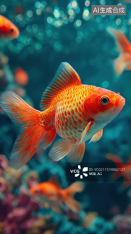 【AI数字艺术】金鱼在色彩斑斓的水族箱中游动图片素材