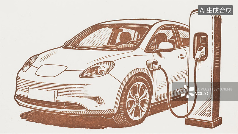 【AI数字艺术】新能源电动汽车充电站版画插画传统文化教育书籍封面配图现代环保科技纯白背景图片素材