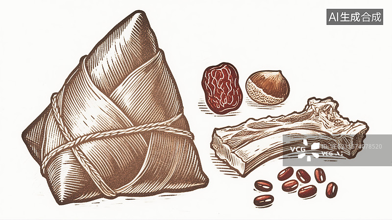 【AI数字艺术】版画插画传统文化教育书籍配图创意端午节抽象商业背景粽子与红枣栗子排骨节日纪念屈原传统中国美食艺术包装图片素材