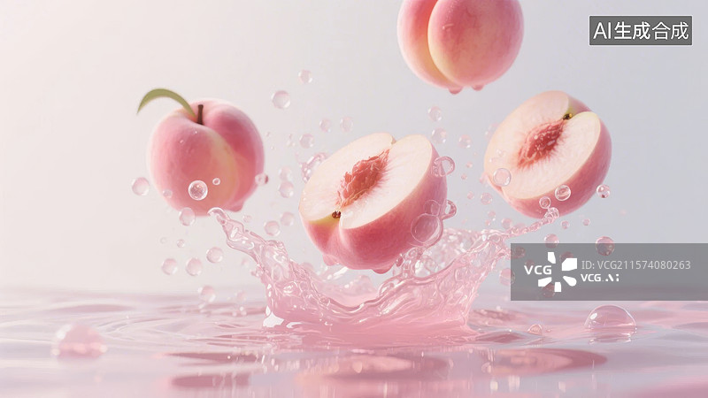 【AI数字艺术】桃子落入水中，溅起水花图片素材