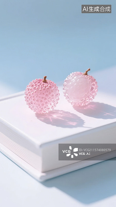 【AI数字艺术】粉色荔枝状耳环置于白色书本之上图片素材