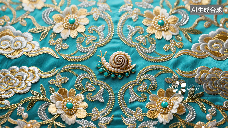 【AI数字艺术】精致刺绣布料，金色花纹与蓝色底色图片素材